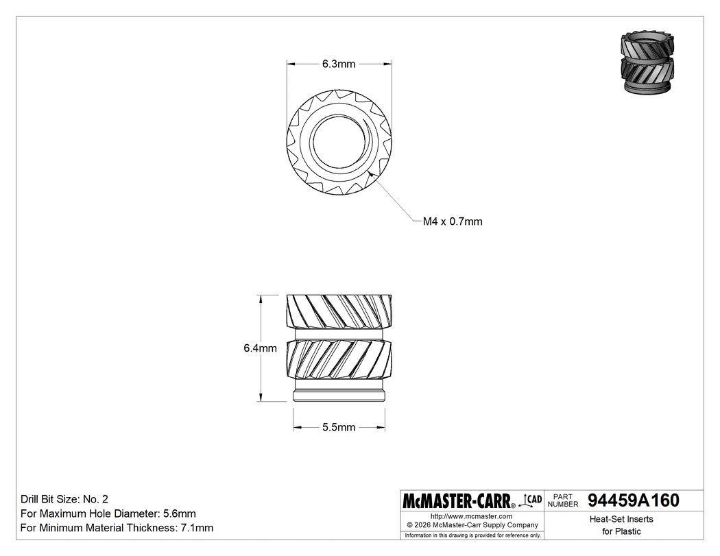 Technical Drawing of Heat-Set Inserts for Plastic, Brass, M4 x 0.7 mm, 6.4 mm Installed Length.